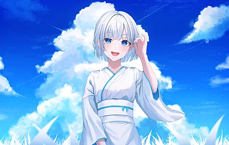 蓝眼睛 短发 眼泪 沙林 动漫 女孩 天空 云 白色衣服 服装 银发 4K高清壁纸 3840×2160