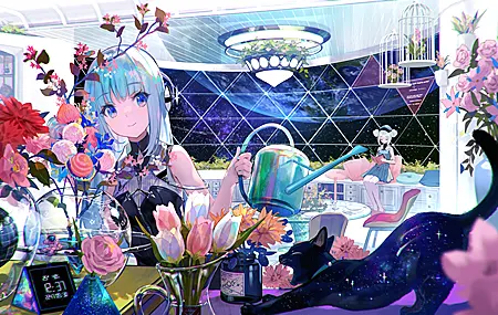 蓝头发 蓝眼睛 长发 微笑 室内 女人 动漫 女孩 太空 猫 花 行星 星星 花瓶 笼子 椅子 壁纸 4096×2304