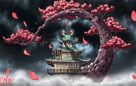 经典AI艺术 素描 寺庙 树木 风 花瓣 高清壁纸 8000×4501