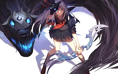 超清白发 蓝眼睛 亲人 英雄联盟 裙子 口罩 校服 蝴蝶结 精神 动漫 女孩 面具 手机壁纸 4960×3507