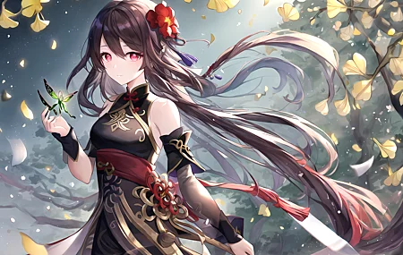 深色头发 红色眼睛 长发 动漫 女孩 人工智能 花瓣 鲜花 壁纸 5120×3584