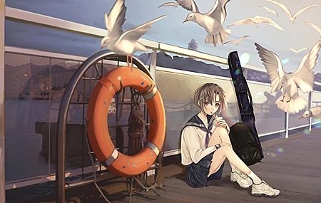动漫 女孩 海洋 海鸥 水手服 短发 桌面壁纸 3840×2160