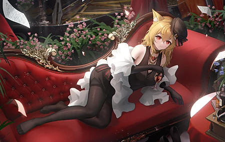 狐狸耳朵 狐耳 红眼睛 金发 动漫 女孩 黑色裤袜 连裤袜 明日方舟 狐狸女孩 狐女 葡萄酒 酒杯 帽子 纸 花 沙发 4K壁纸 5000×2800