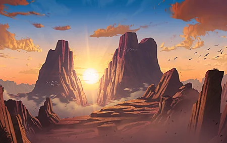 热门AI艺术 插图 风景 自然 日落 沙漠 岩层 云 鸟 环境 天空 夕阳 辉光 太阳 高清壁纸 3840×2160