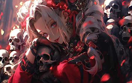 绝美长发 动漫 女孩 骷髅 手套 花瓣 耳环 无水印壁纸 5376×3584