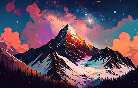 绚丽艺术 山 雪 绘画 自然 星星 天空 云 4K壁纸 4579×2616