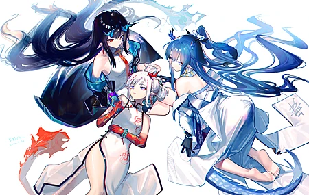 绝美三人组 弯曲 脚 长头 动画 动漫 女孩 明日方舟 连衣裙 龙女孩 龙角 龙尾 兽耳 旗袍 手机壁纸 3858×2610