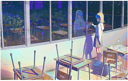 超清女学生 动漫 女孩 校服 反光 教室 窗户 蓝玫瑰 桌面壁纸 4096×2579