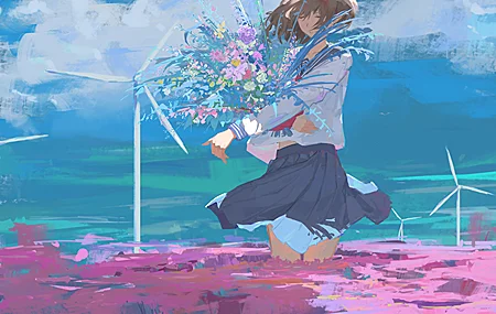 原创 人物 短发 闭眼 深色头发 动漫 女孩 鲜花 水手制服 风车 4K高清壁纸 3840×2160