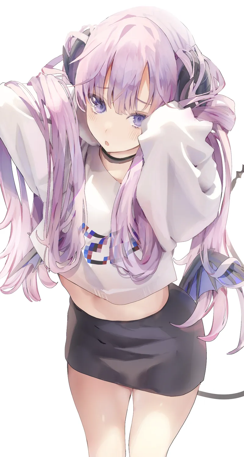 紫色头发 妖女 吉玛 动漫 女孩 紫色眼睛 妖魔 恶魔尾巴 白色背景 简单背景 手机 4K高清壁纸 4127×5708