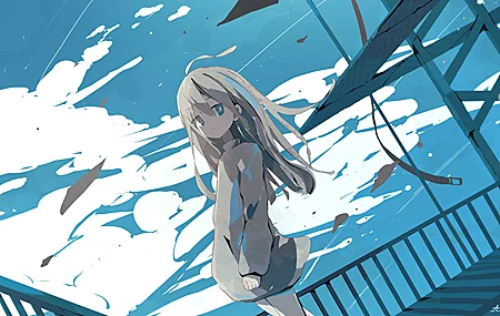 长发 蓝眼睛 动漫 女孩 天空 云 4K高清壁纸 3840×2160