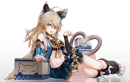 绝美猫女孩 肚皮 肚脐 长发 侧卧 绿色眼睛 动漫 女孩 猫耳朵 猫尾巴 极简主义 白色背景 简单背景 倒影 铃声 原神 桌面壁纸 6319×3790