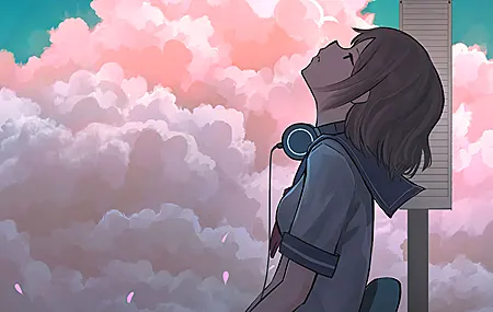 动漫 女孩 耳机 校服 云 壁纸 3840×2160