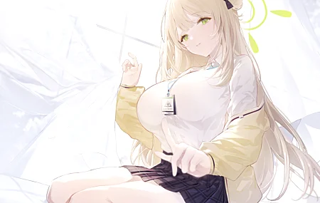 长发 金发 绿色眼睛 指点 发髻 动漫 女孩 蔚蓝档案 窗户 白色 窗帘 4K高清壁纸 5409×3826