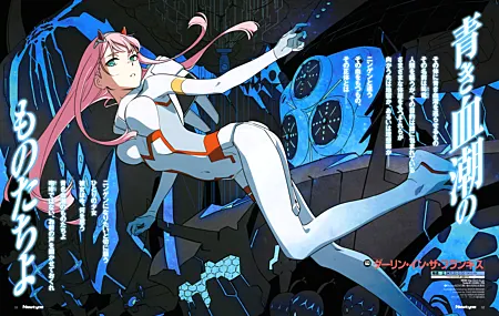 高清苍白 粉色头发 动漫 女孩 零二 蓝色 DARLING 手机壁纸 6448×4067