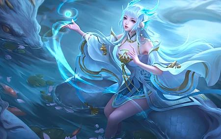 游戏CG 人物 蓝头发 王者荣耀 水 龙 动物 4K壁纸 5657×2880