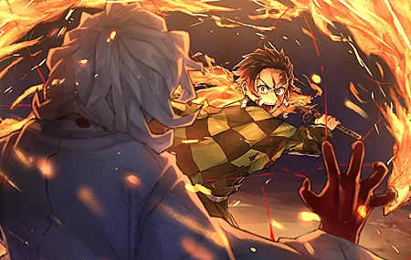 动漫 AI艺术 艺术作品 战斗 男孩 火 武士 恶魔 水之呼气 炭治郎 鬼灭之刃 鬼杀队 火之神神乐 神乐舞 灶门 4K高清壁纸 3840×2160