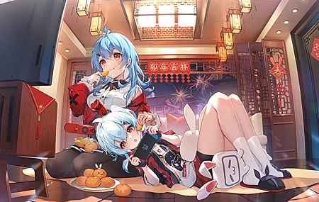超清女孩 兔耳朵 烟花 新年 动漫 橙子 水果 吃 耳机 2233娘 22娘 33娘 壁纸 3840×2560