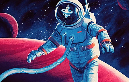 高清宇航员 插图 科幻小说 复古 科幻 小说 倒影 空间站 太空 行星 恒星 蒸汽 4K壁纸 3840×2160
