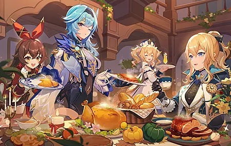 金发 深色皮肤 女性 四重奏 原神 食物 动漫 女孩 吃 蜡烛 壁纸 4096×2246