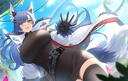 狐狸耳朵 狐耳 狐狸尾巴 狐尾 蓝色头发 动漫 女孩 狐狸少女 紫色眼睛 长袜 4K高清壁纸 4000×2250