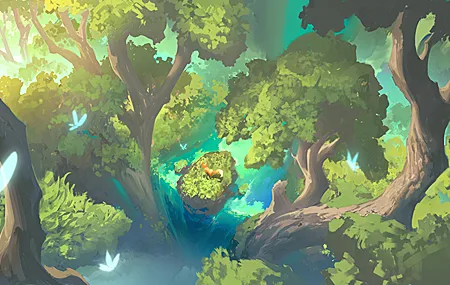 AI艺术 幻想 艺术 瀑布 佛 蝴蝶 树木 阳光 狐狸 深林 壁纸 3840×2160