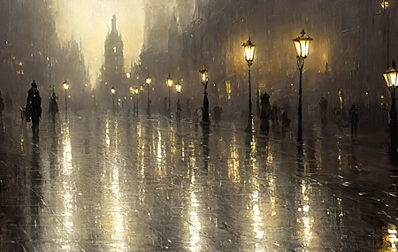 绚丽艺术 街道 鹅卵石 路灯 下雨 雨 雨夜 壁纸 3840×2160