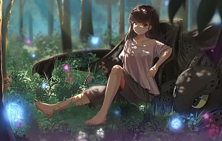 唯美原创 人物 赤脚 黑发 动漫 女孩 森林 鲜花 恤 短裤 龙宝宝 龙 小龙 壁纸 6400×3600