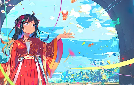 唯美动漫 女孩 AI艺术 传统服装 汉服 花瓣 鱼 无水印壁纸 5760×2880
