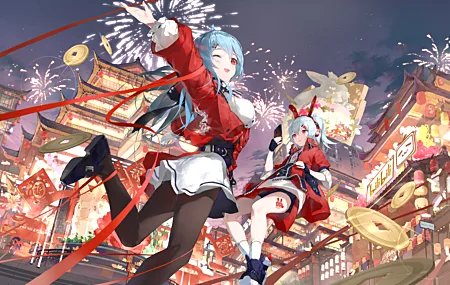 绝美女孩 动漫 少女 烟花 电话 城市 灯光 新年 年 2233娘 22娘 33娘 无水印壁纸 7680×4320