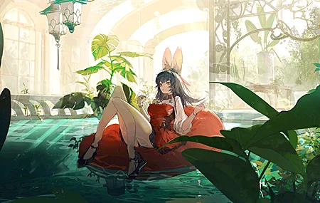 唯美原创 人物 栗色 橙色眼睛 动漫 女孩 兽耳 黑发 连衣裙 泳池 泳泳圈 兔耳 无水印壁纸 4096×2406