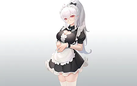 原创 人物 长发 马尾辫 红眼睛 白发 大腿 女仆 简单背景 女佣 服装 手机壁纸 4421×2487