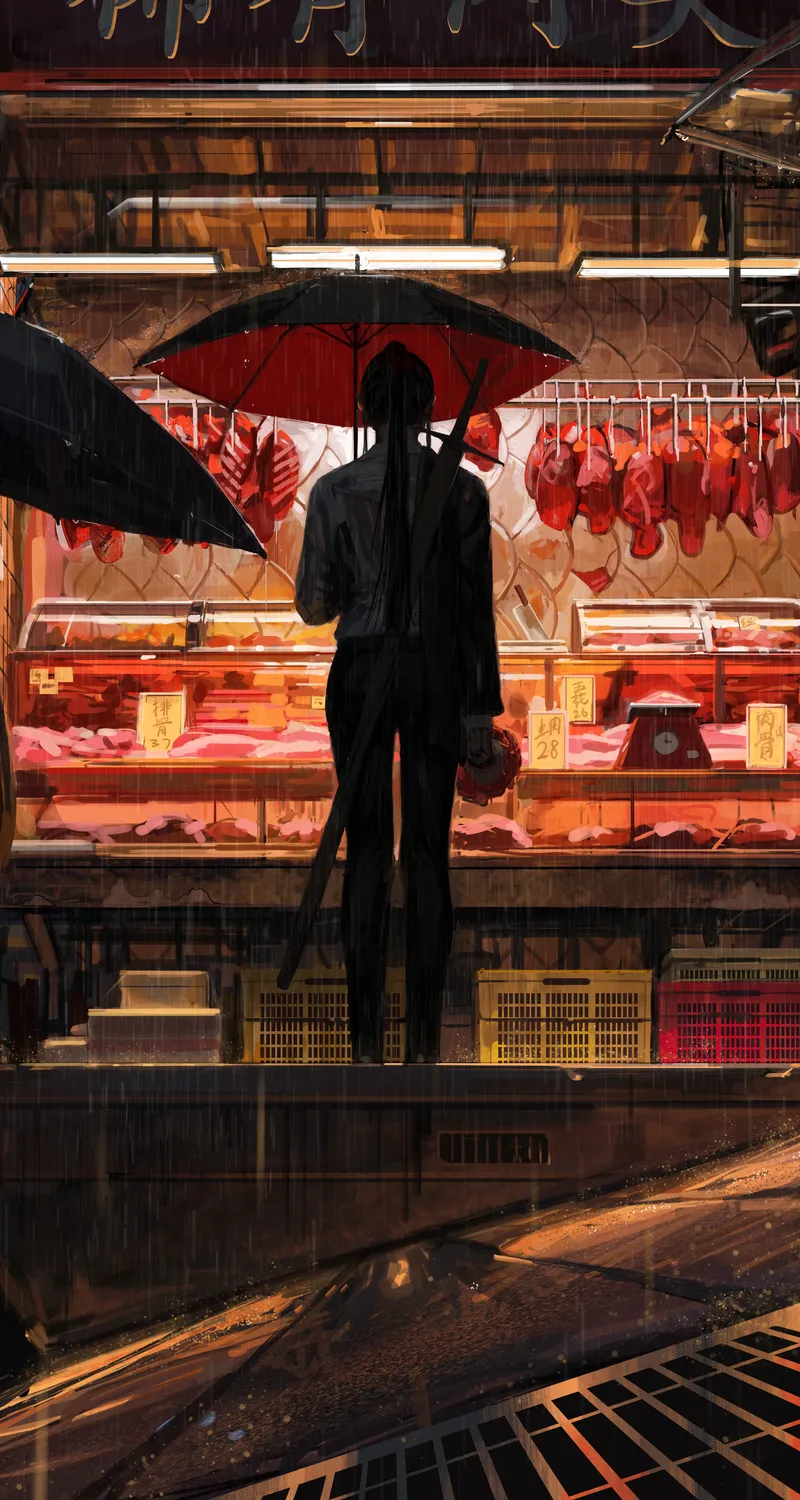 热门黑发 原创 人物 奇幻 女孩 屠夫 雨 伞 绘画 市场 剑 奇幻艺术 AI艺术 手机 高清壁纸 5000×6250