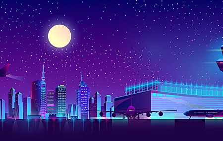 AI艺术 极简主义 蓝色 月亮 月光 星星 城市 景观 机场 摩天大楼 灯光 发光 矢量图形 满月 飞机 4K高清壁纸 3840×2160
