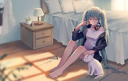 赤脚 女人 室内 长发 动漫 女孩 青色头发 耳机 猫 动物 哺动物 小提琴 初音 壁纸 3840×2160