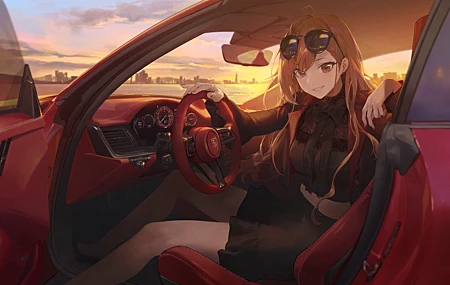 热门艺术家 微笑 黑发 动漫 女孩 车辆 汽车 内饰 棕色眼睛 壁纸 6000×3186