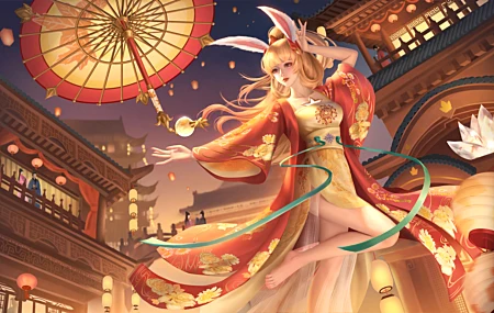 腿 兔子 舞者 游戏 王者荣耀 游戏CG 女孩 古风 金色背景 雨伞 建筑 壁纸 7641×4320