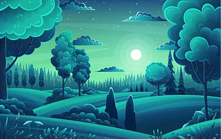 热门图片 矢量 森林 小山 树木 月亮 夜晚 风景 绿色 天空 云 卡通 星星 花 月光 AI艺术 壁纸 6000×4081
