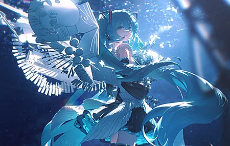 热门长发 蓝头发 蓝眼睛 微笑 动漫 女孩 AI艺术 初音 元音 双尾 壁纸 3840×2160