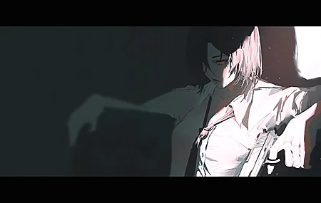 绝美短发 红眼睛 坐着 枪 女孩 领带 黑发 简单背景 阳光 极简主义 发光眼睛 动漫 高清壁纸 4000×2250