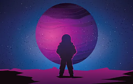 宇航员 AI艺术 图片 幻想艺术 剪影 紫色 蓝色 行星 太空 太空艺术 简单背景 高清壁纸 8000×4500
