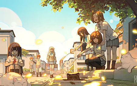绝美眨眼 女学生 蹲着 长发 短发 动漫 女生 动物 天空 猫 云 街道 校服 AI艺术 建筑 壁纸 5226×2940