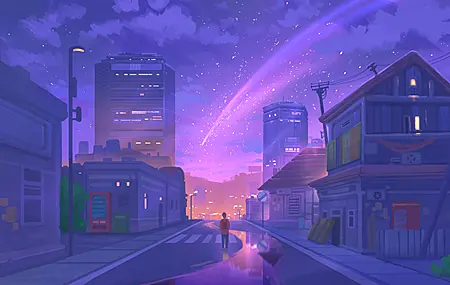 高清流星 夜晚 街道 城市 4K壁纸 4096×2294