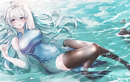 唯美长发 躺着 动漫 女孩 丝袜 阳光 岩石 水 壁纸 4160×2396