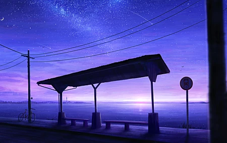 星星 公交车站 流星 电力线 自行车 海洋 日落 AI艺术 长凳 壁纸 5497×3145