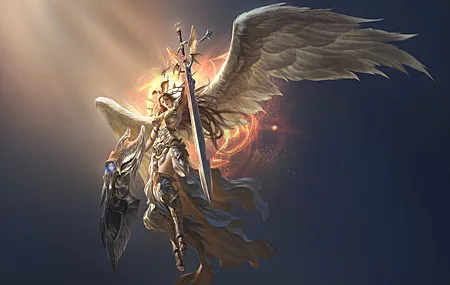 长发 深色头发 盔甲 剑 翅膀 武器 天使联盟 4K高清壁纸 4317×3000