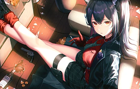 坐 明日方舟 茶 动漫 女孩 狼女孩 壁纸 5000×4000