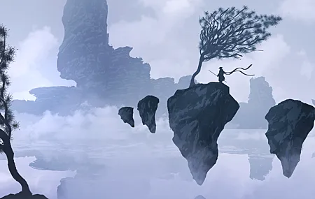 奇幻艺术 山 雾 武士 漂浮 岩石 剪影 邪恶艺术 壁纸 6132×3176