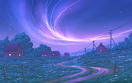 自然 夜晚 天空 村庄 AI艺术 4K高清壁纸 4096×2303