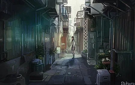 女学生 樱花 原创 人物 动漫 女孩 水手制服 小巷 建筑 城市 素描 插图 AI 壁纸 3840×2160